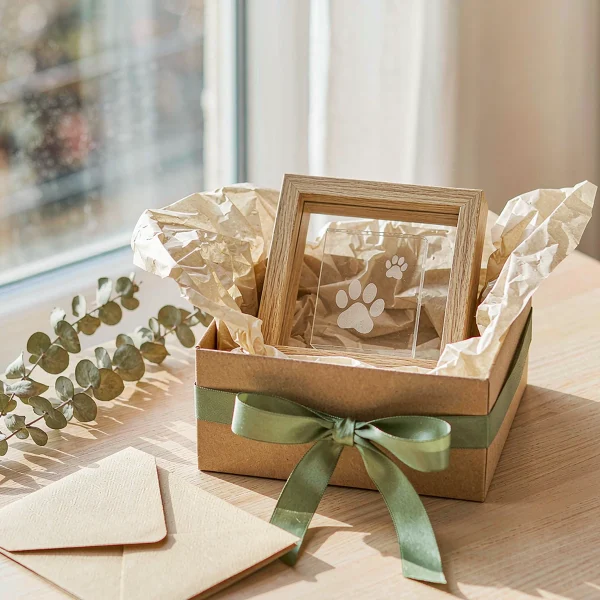 Open kraft sympathy gift box with a wooden frame, acrylic keepsake and sage satin ribbon