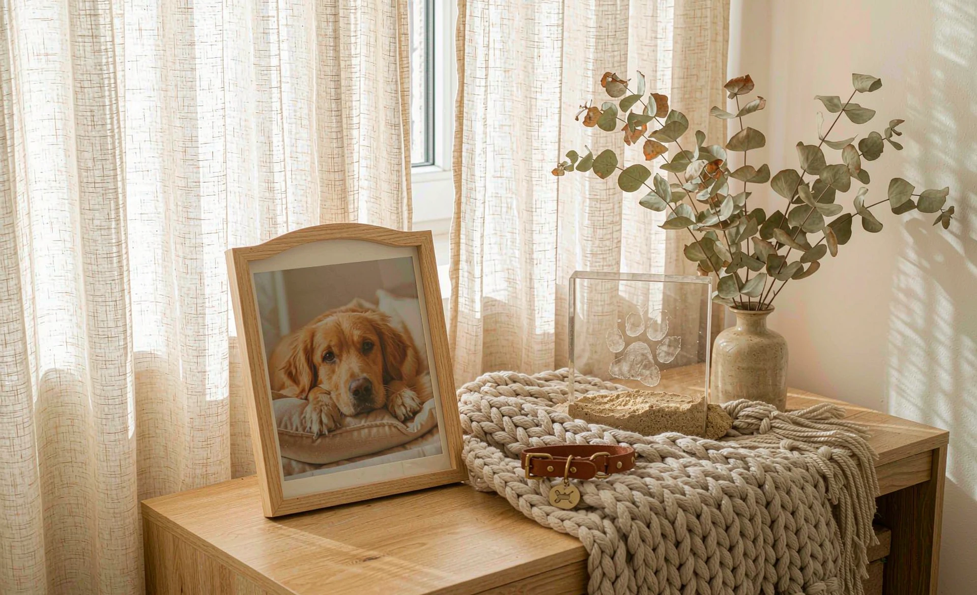 A sunlit home corner with a framed portrait of a dog, a clear acrylic keepsake with an engraved paw print, dried eucalyptus and a folded knit blanket