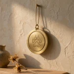 Engraved Pet Memorial Ornament Brushed brass pet memorial ornament with an engraved paw print hanging on a cream plaster wall