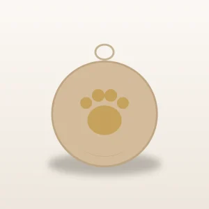 Flat wooden pet memorial ornament with a paw outline and a twine loop, on a warm ivory surface