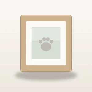 Natural wood pet memorial photo frame holding a soft paw print artwork on a warm ivory surface