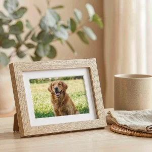 Light oak pet memorial photo frame holding a portrait of a golden retriever on a side table