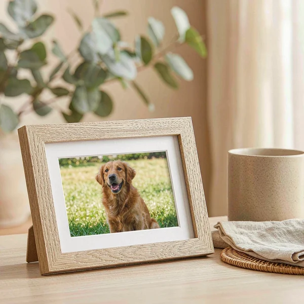 Light oak pet memorial photo frame holding a portrait of a golden retriever